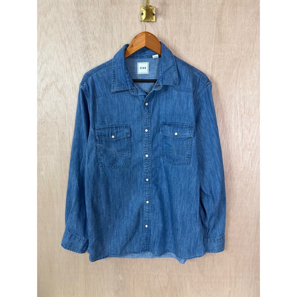 ROWM Mens Denim Western Shirt Medium Wash Blue Snap Front Long Sleeve Size L